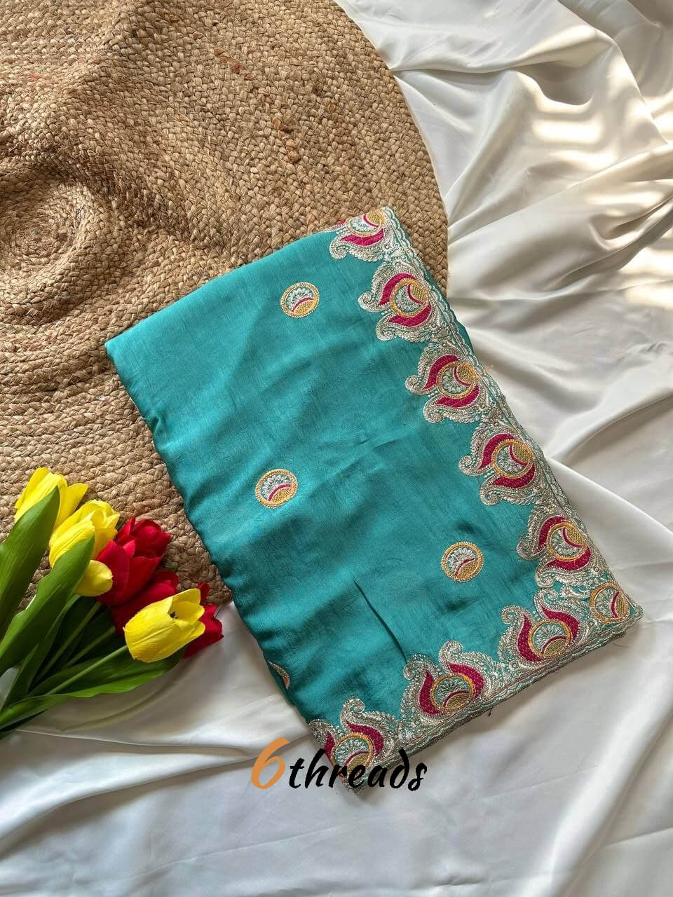Premium Soft Silk Georgette Saree with Viscose Embroidery, Original Jarkhan Diamonds & Unstitched Blouse