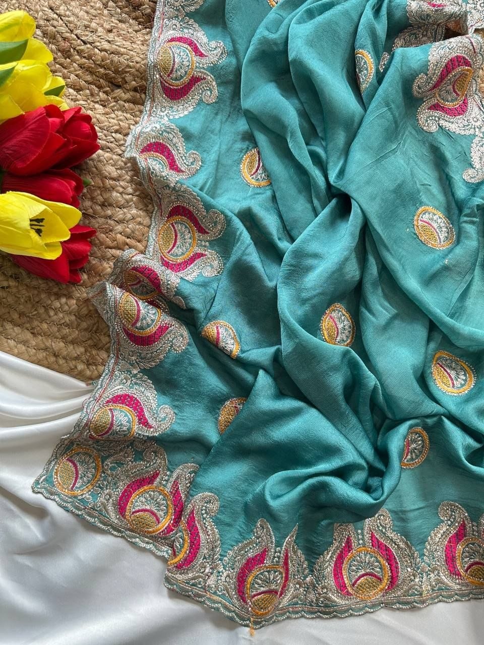Premium Soft Silk Georgette Saree with Viscose Embroidery, Original Jarkhan Diamonds & Unstitched Blouse
