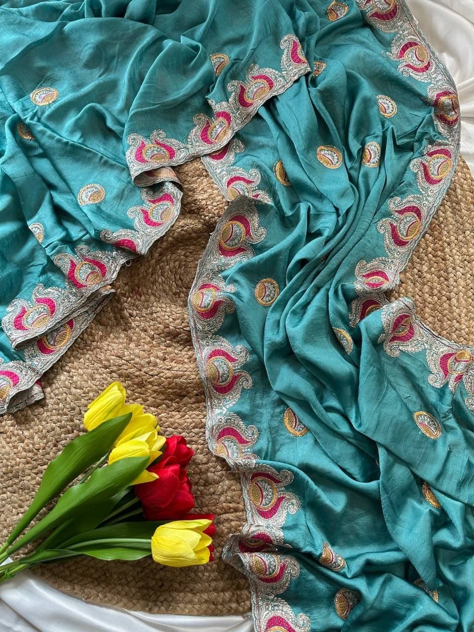 Premium Soft Silk Georgette Saree with Viscose Embroidery, Original Jarkhan Diamonds & Unstitched Blouse