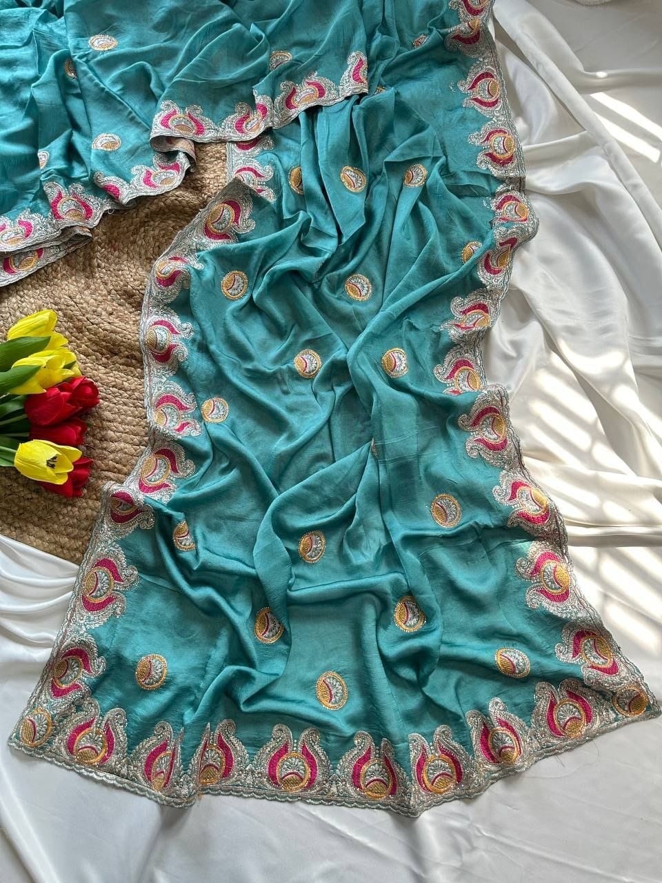 Premium Soft Silk Georgette Saree with Viscose Embroidery, Original Jarkhan Diamonds & Unstitched Blouse