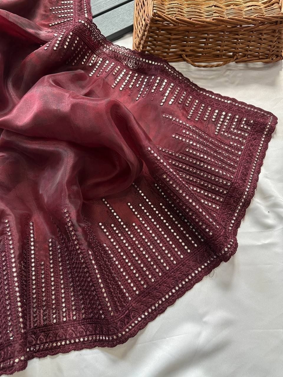 Premium Soft 3D Printed Organza Silk Saree with Gota Work & Unstitched White Contrast Blouse