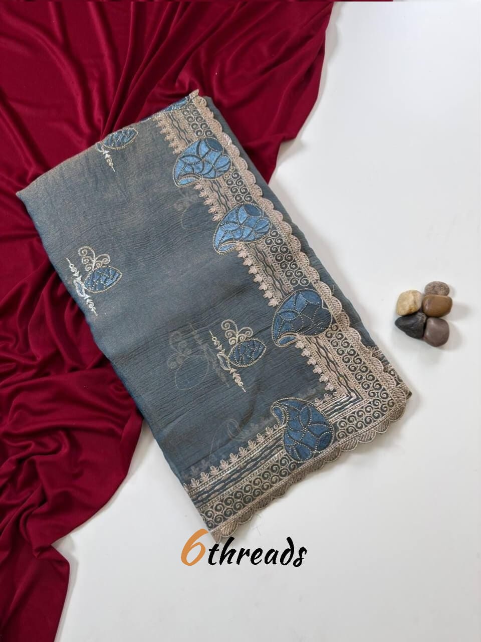 Premium Two-Tone Moss Chiffon Saree with Embroidery, Diamonds & Unstitched Blouse
