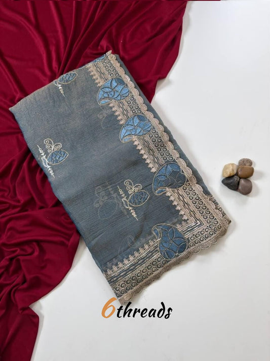 Premium Two-Tone Moss Chiffon Saree with Embroidery, Diamonds & Unstitched Blouse