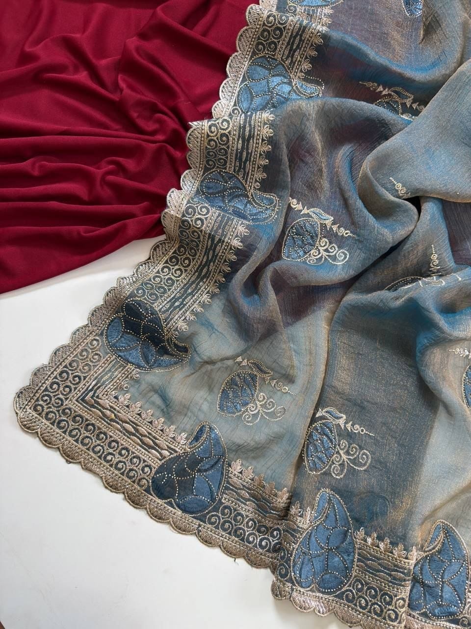 Premium Two-Tone Moss Chiffon Saree with Embroidery, Diamonds & Unstitched Blouse