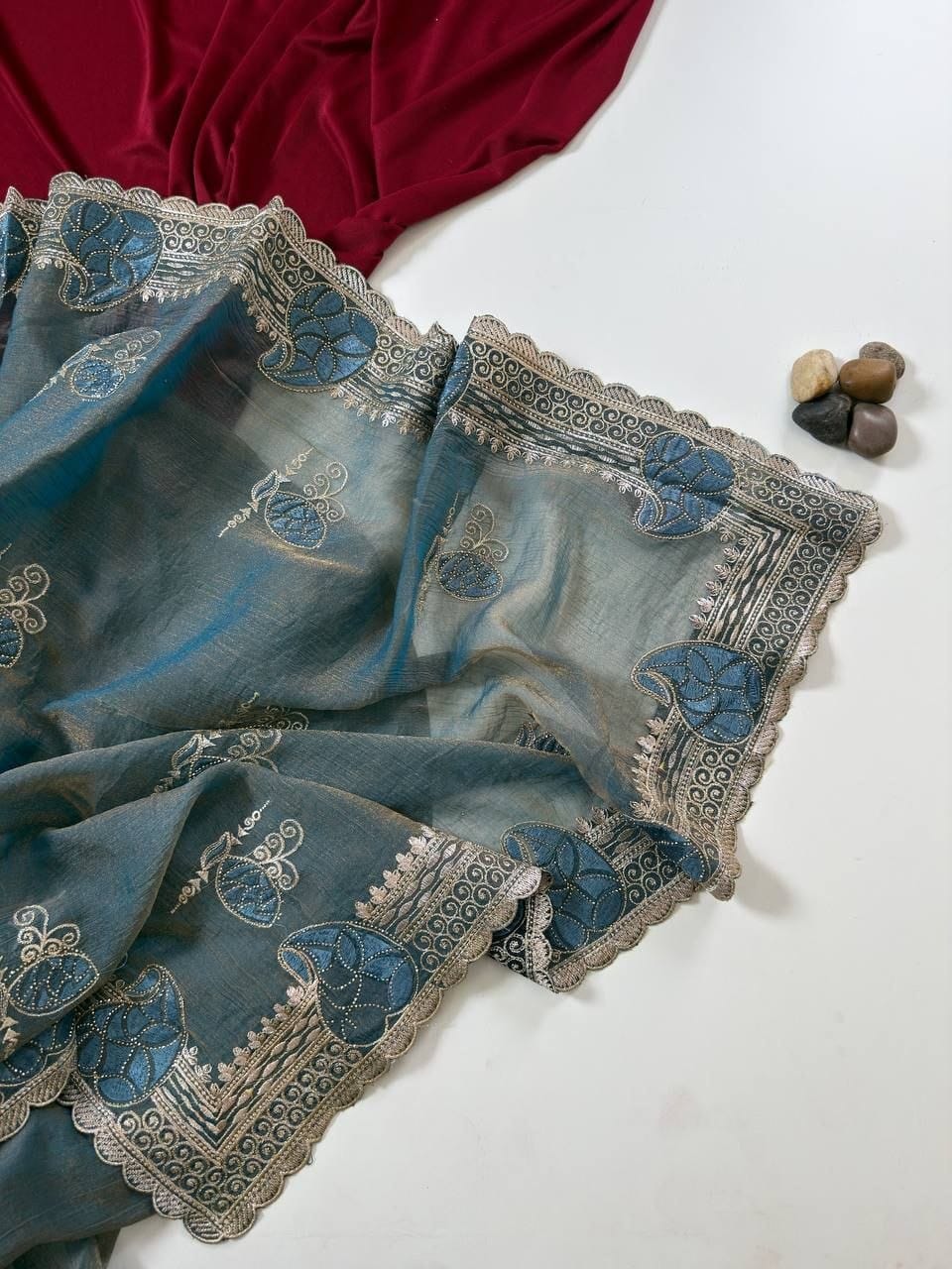 Premium Two-Tone Moss Chiffon Saree with Embroidery, Diamonds & Unstitched Blouse