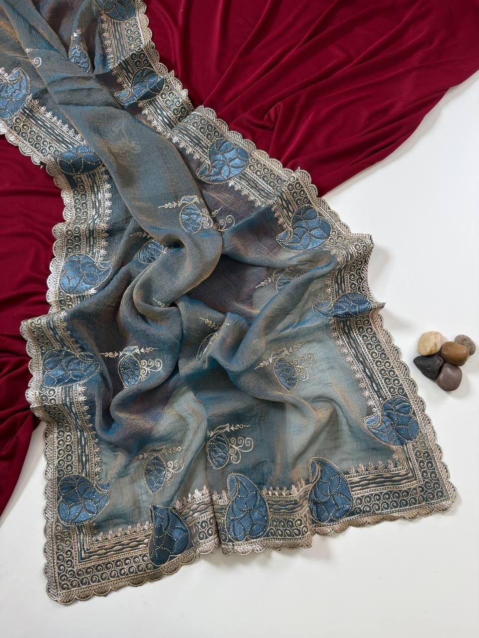 Premium Two-Tone Moss Chiffon Saree with Embroidery, Diamonds & Unstitched Blouse