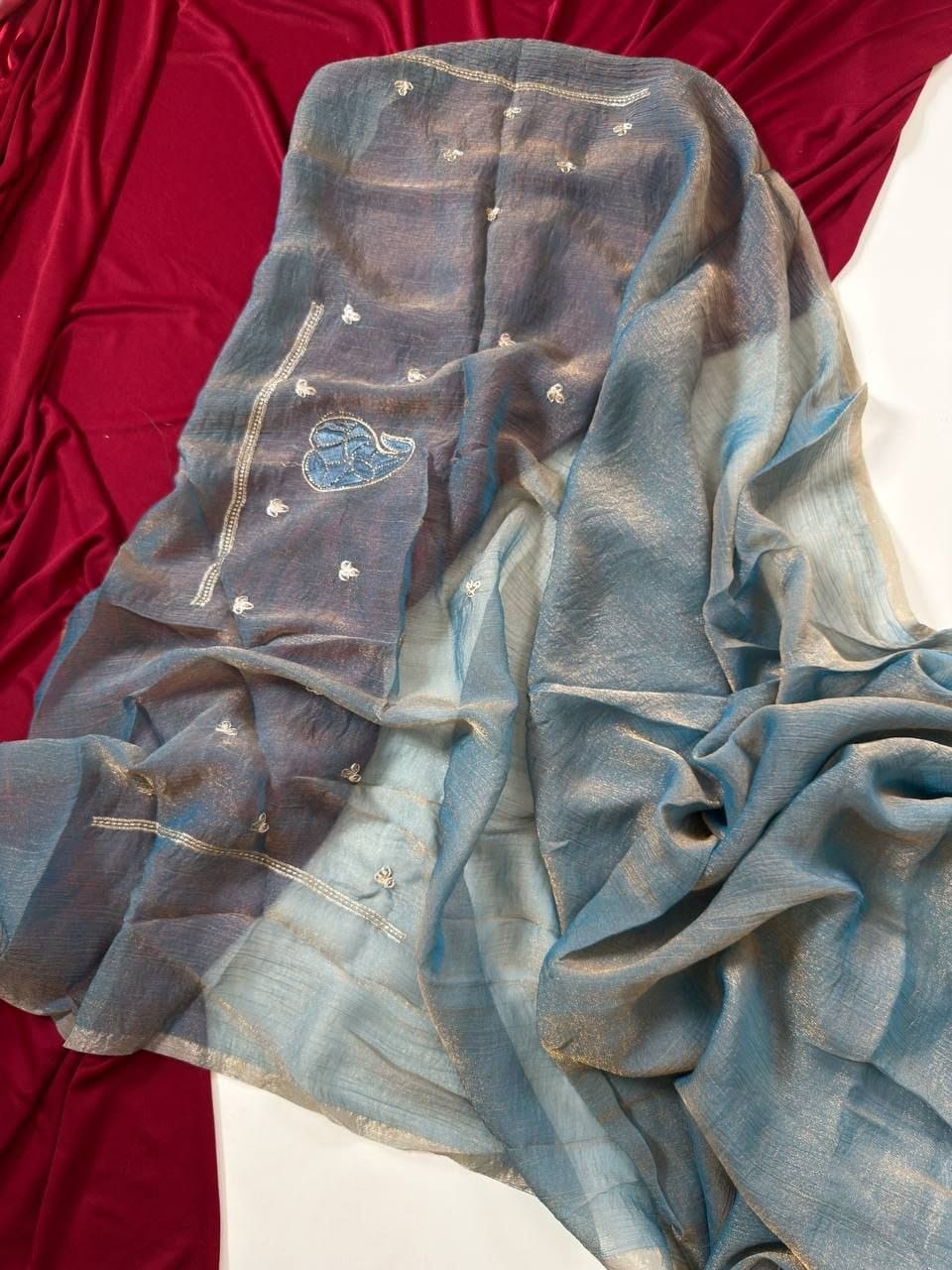 Premium Two-Tone Moss Chiffon Saree with Embroidery, Diamonds & Unstitched Blouse