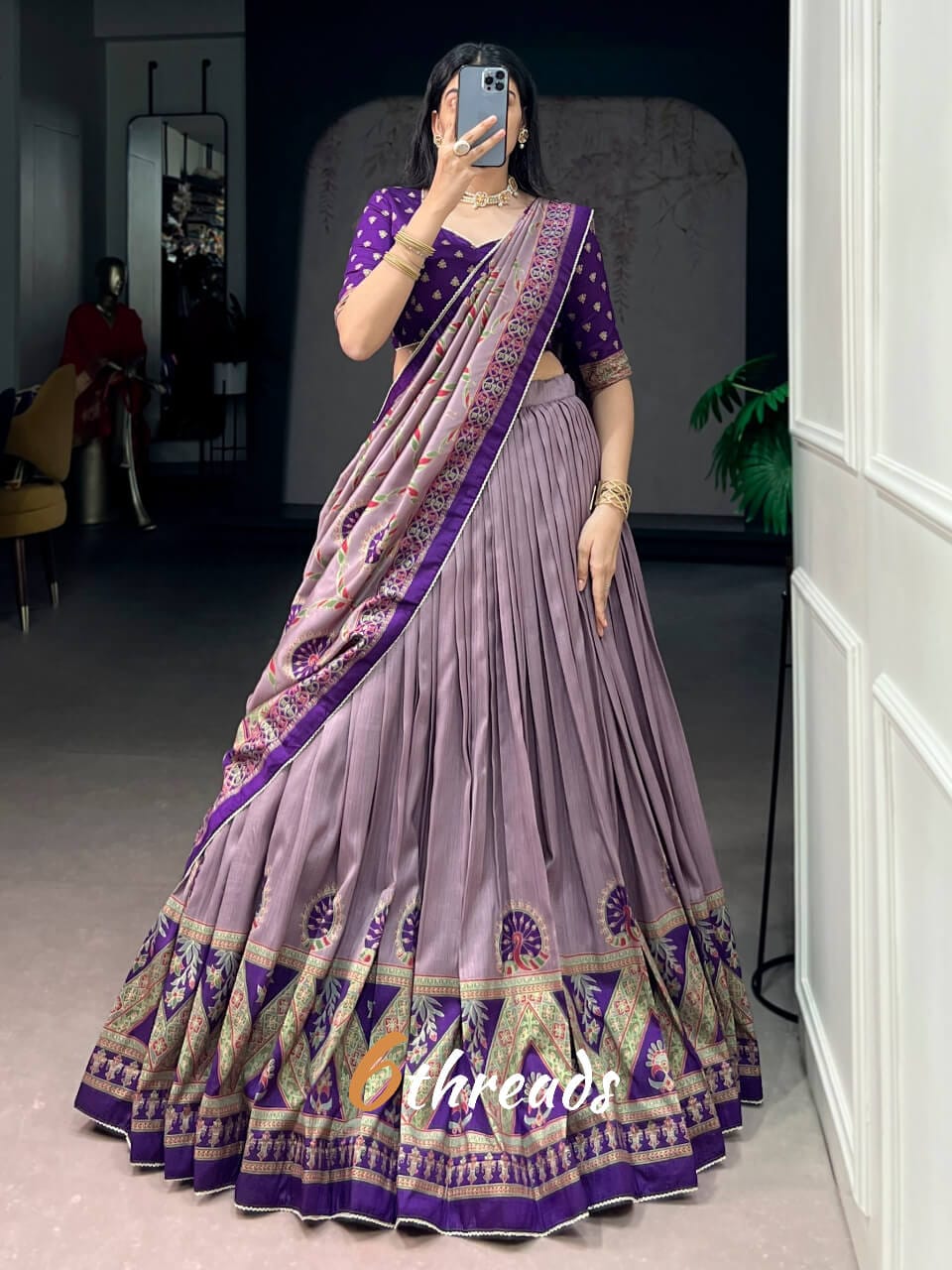 Southern Grace Tasar Silk Lehenga with Foil Work & Can-Can