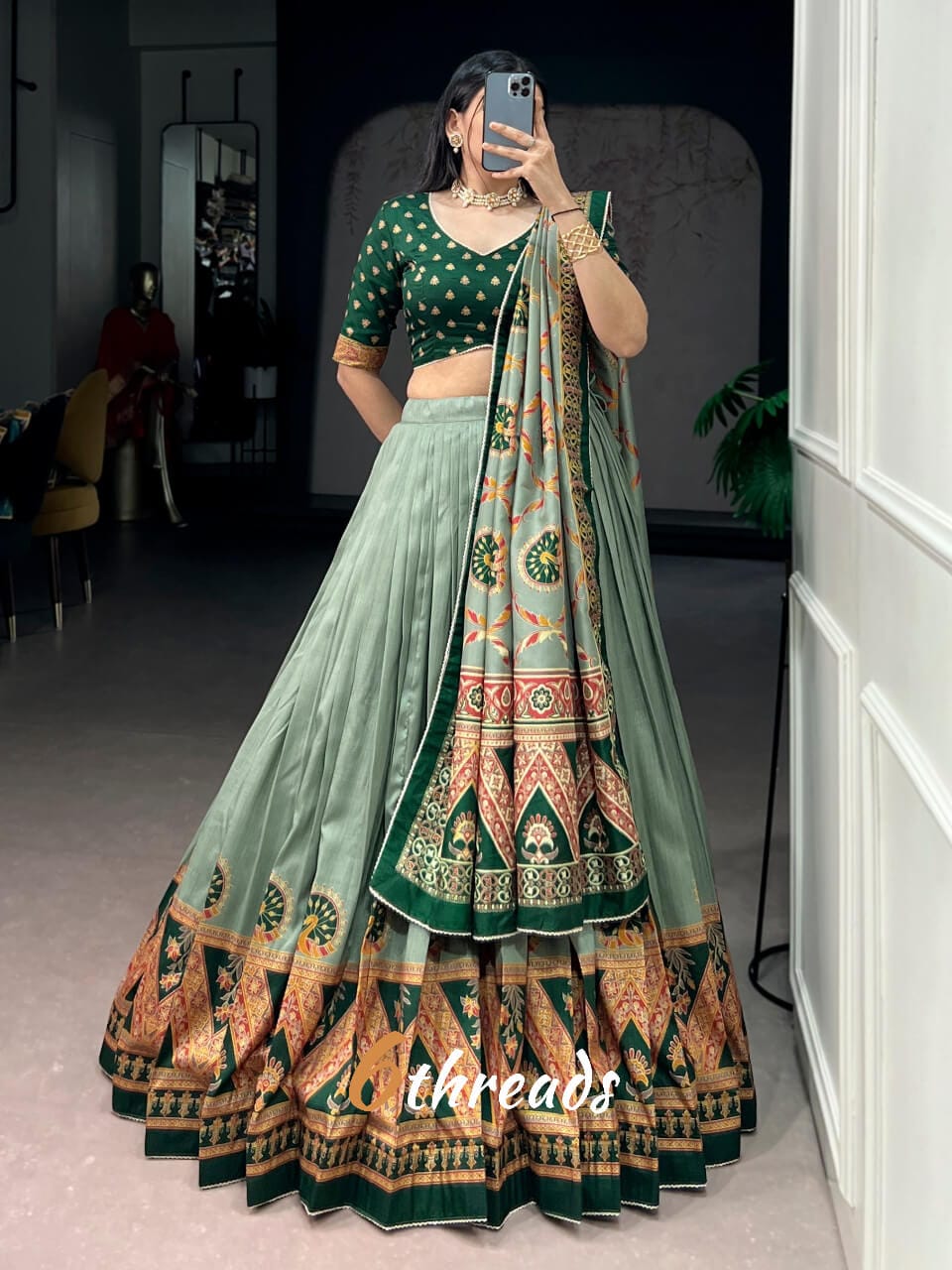 Southern Grace Tasar Silk Lehenga with Foil Work & Can-Can