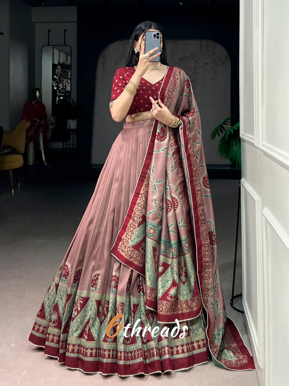 Southern Grace Tasar Silk Lehenga with Foil Work & Can-Can