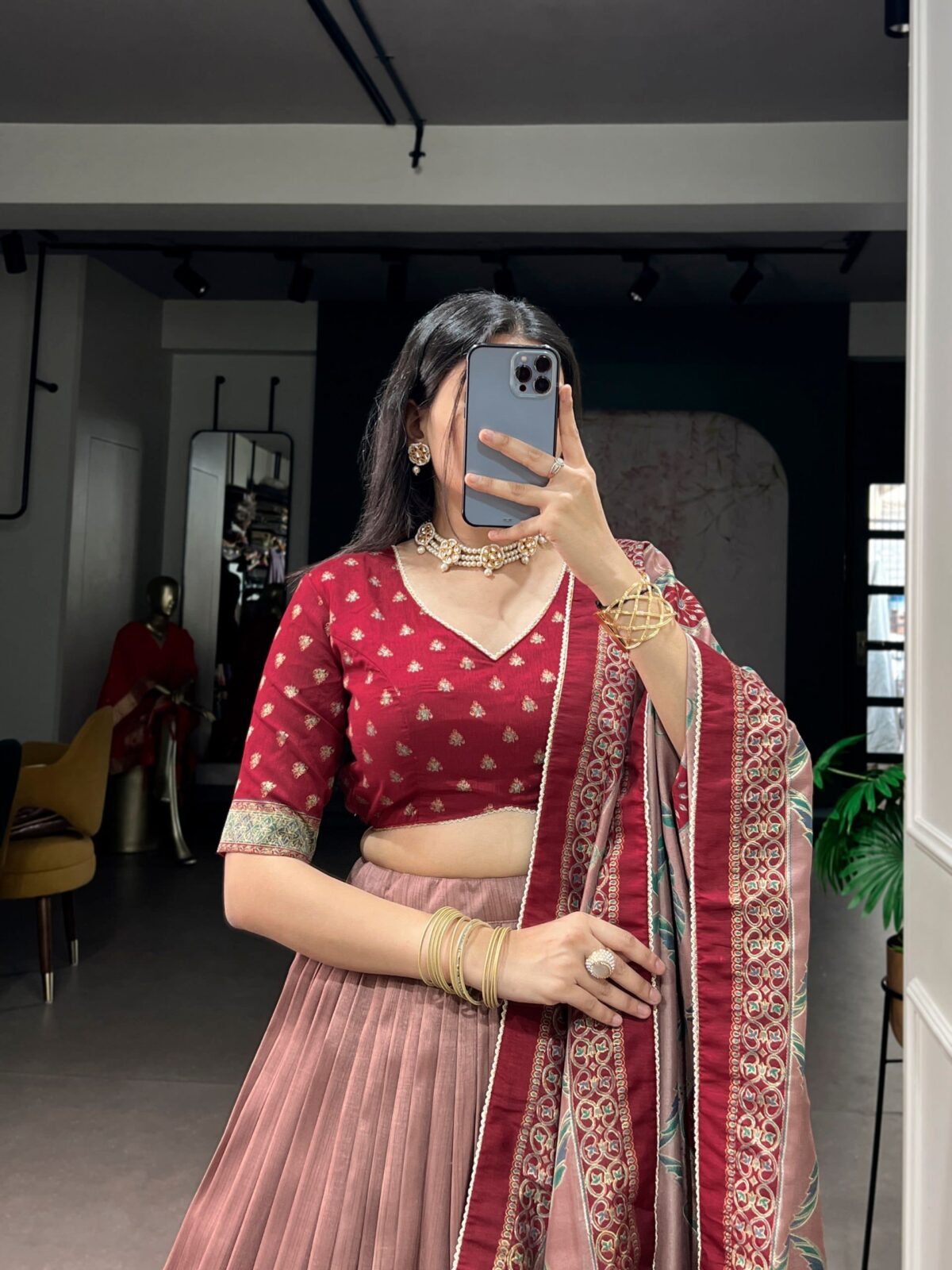 Southern Grace Tasar Silk Lehenga with Foil Work & Can-Can