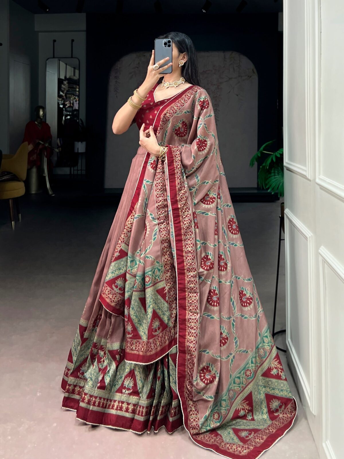Southern Grace Tasar Silk Lehenga with Foil Work & Can-Can