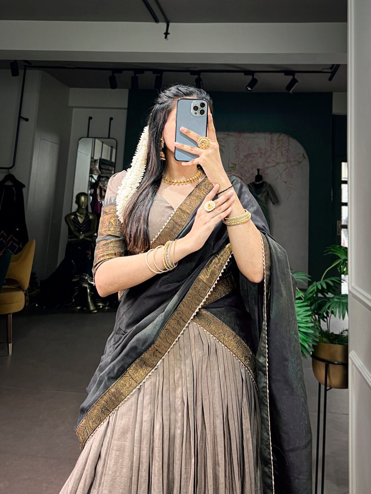 Traditional South Collection Poly Cotton Zari Woven Lehenga with Gota Patti Dupatta Set