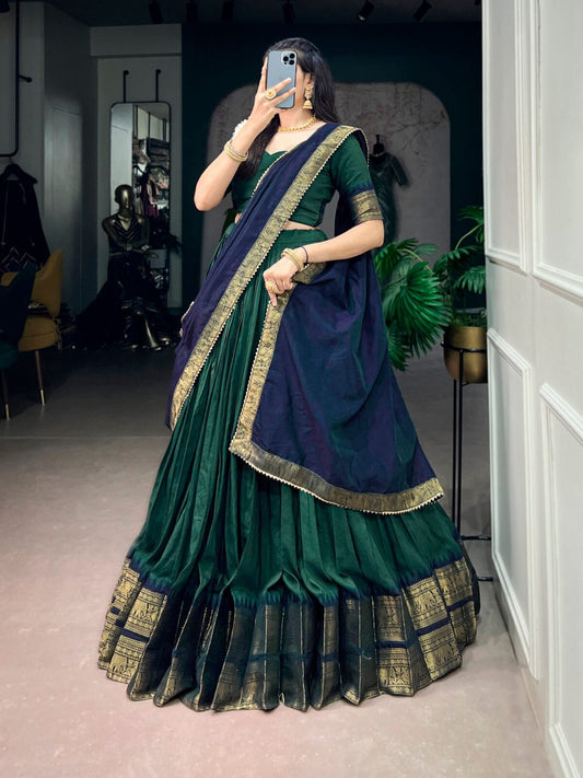 Traditional South Collection Poly Cotton Zari Woven Lehenga with Gota Patti Dupatta Set