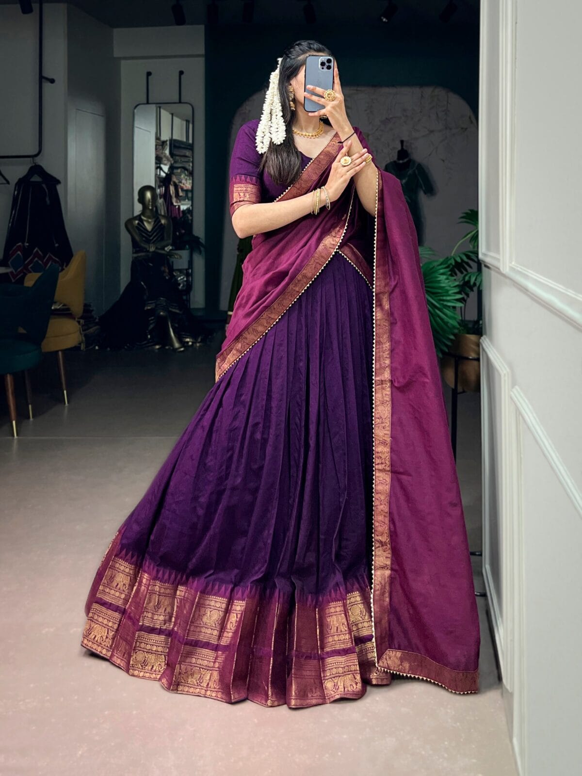 Traditional South Collection Poly Cotton Zari Woven Lehenga with Gota Patti Dupatta Set