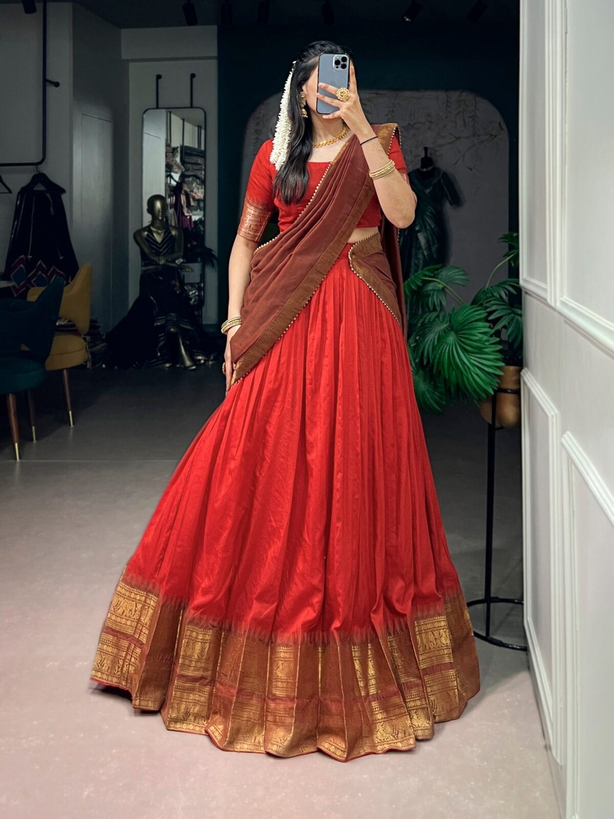 Traditional South Collection Poly Cotton Zari Woven Lehenga with Gota Patti Dupatta Set