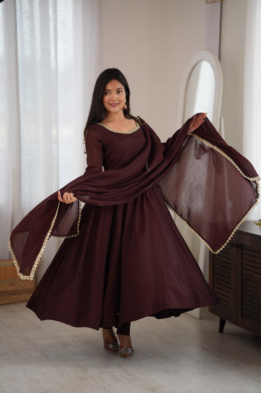Elegant Coffee Brown Flared Anarkali Suit Set with Gold Lace Dupatta