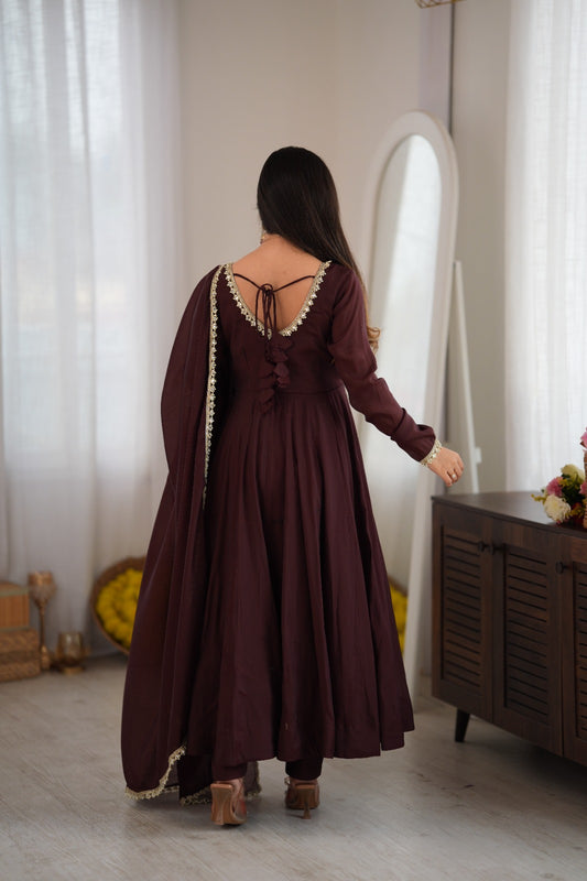 Elegant Coffee Brown Flared Anarkali Suit Set with Gold Lace Dupatta