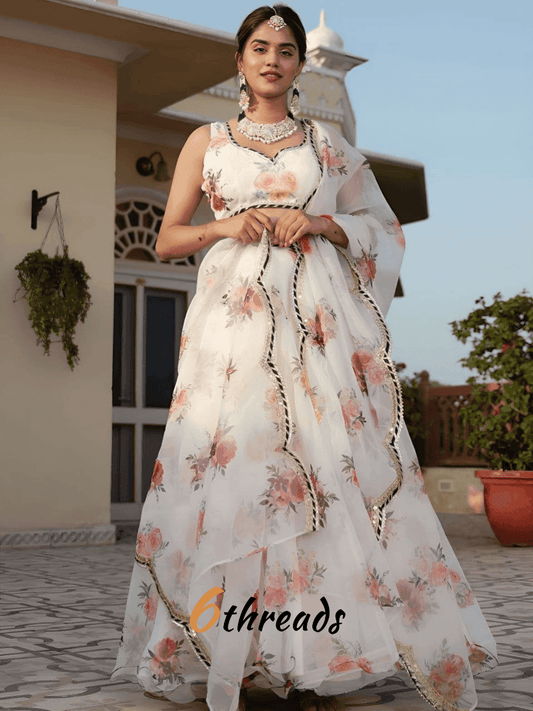 White Floral Printed Elegant Lehenga Choli