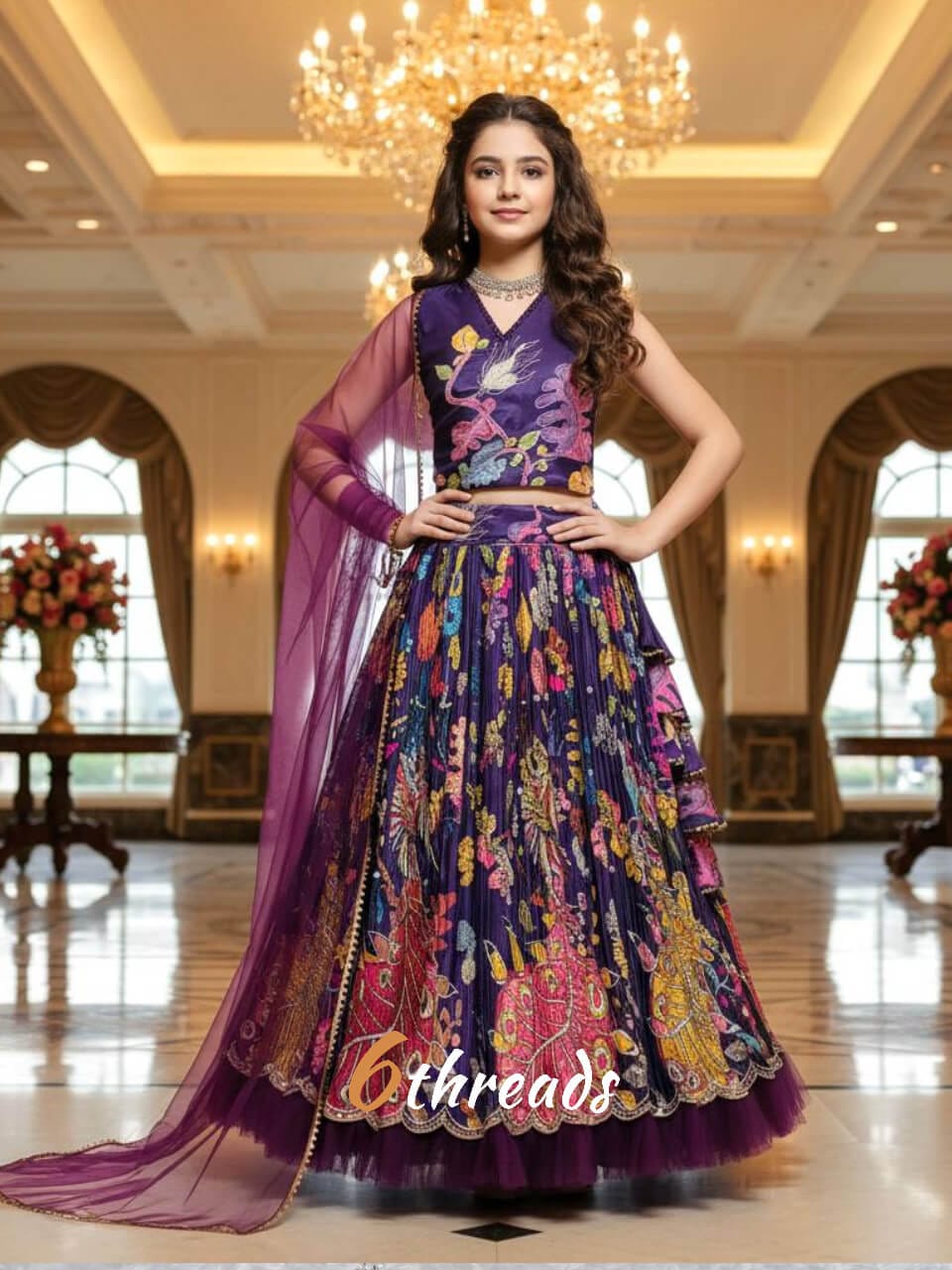 Wine Kids’ Lehenga Choli with Real Mirror Hand Work