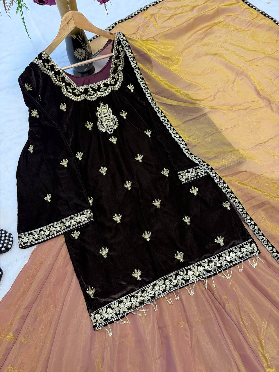 Premium Velvet Top & Fandy Crushed Silk Lehenga Palazzo Set with Sequence Embroidery