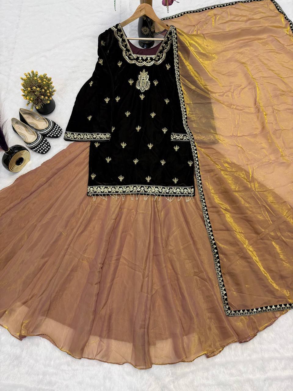 Premium Velvet Top & Fandy Crushed Silk Lehenga Palazzo Set with Sequence Embroidery