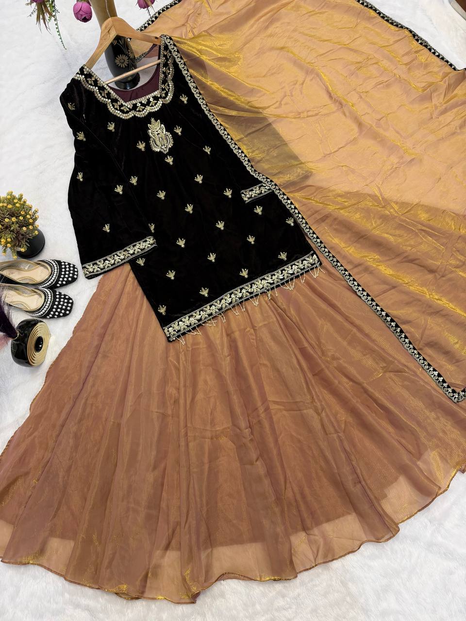 Premium Velvet Top & Fandy Crushed Silk Lehenga Palazzo Set with Sequence Embroidery