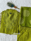 Pure Cotton Parrot Green A-Line Kurti Pant Set with Mirror Embroidery