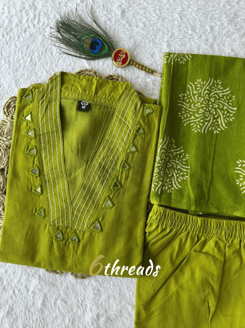 Pure Cotton Parrot Green A-Line Kurti Pant Set with Mirror Embroidery