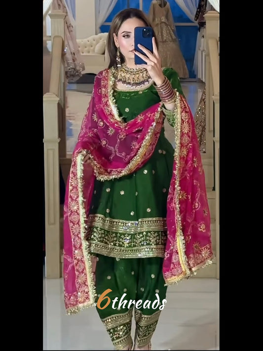 Premium Fandy Silk Flared Top & Farshi Salwar Set with 5mm Sequence Work
