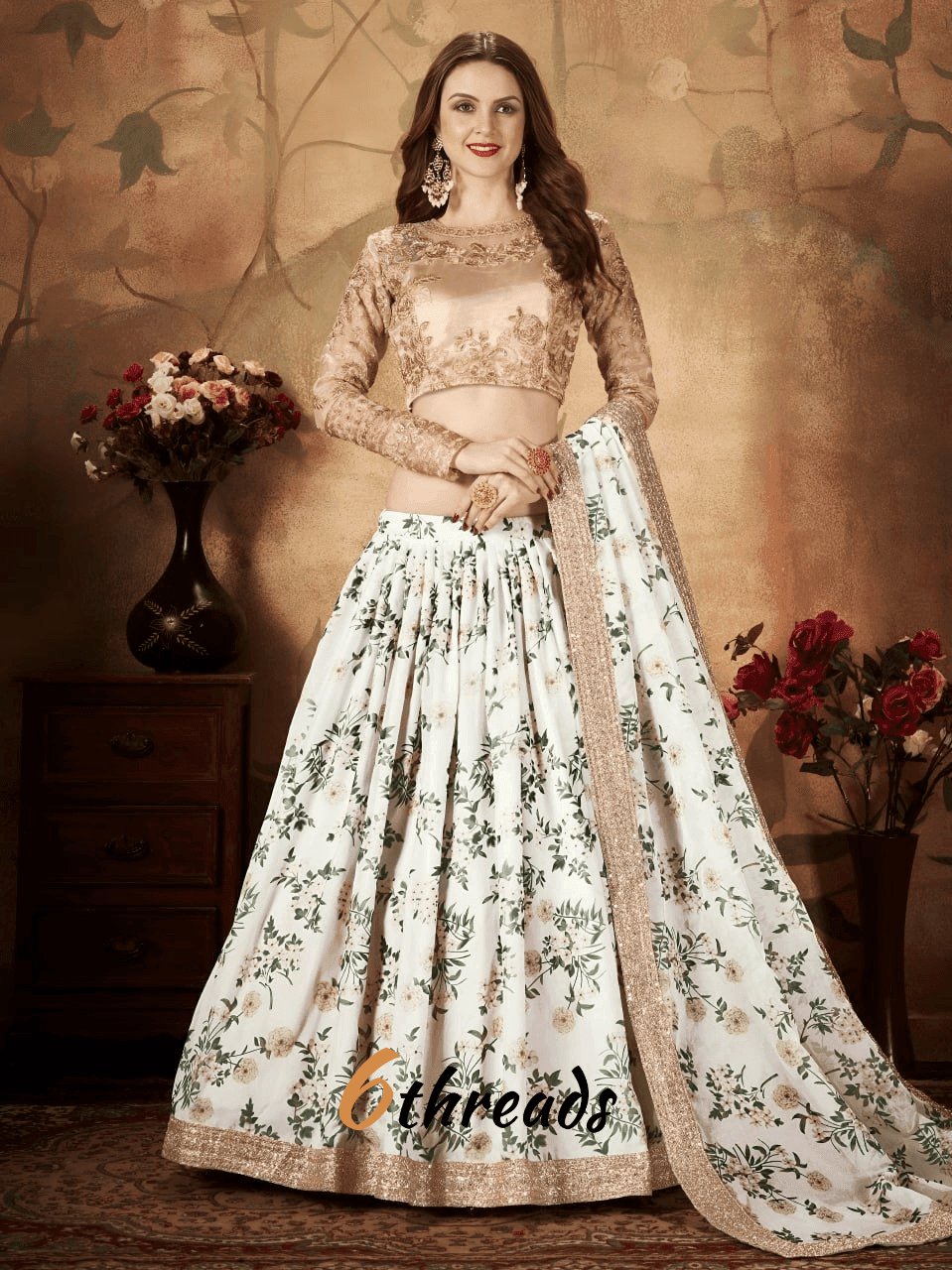 Ivory Floral Lehenga Choli with Golden Embroidered Blouse