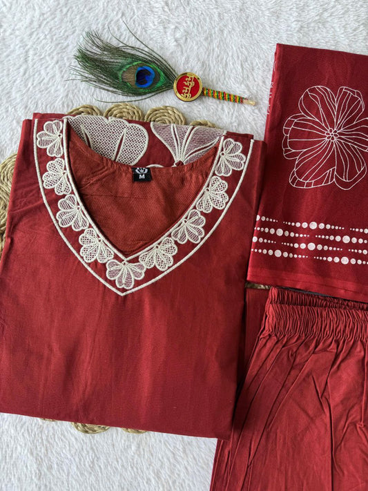 Premium Pure Cotton A-Line Embroidered Kurti Set with Hand Block Printed Mul Dupatta | Royal Purple