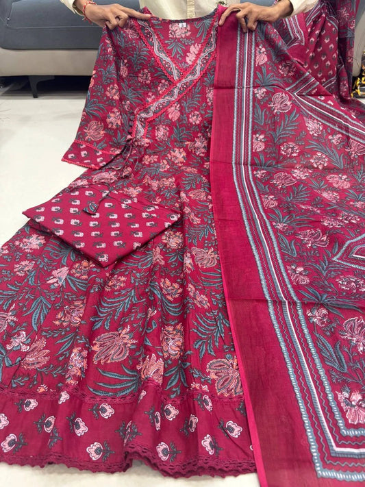 Premium Jaipuri Cotton 60x60 Anarkali Round Kurti, Pant & Block Print Dupatta Set