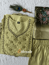 Designer Cardamom Green Mul Chanderi Kurti Set with Roman Silk Pants & Jacquard Dupatta
