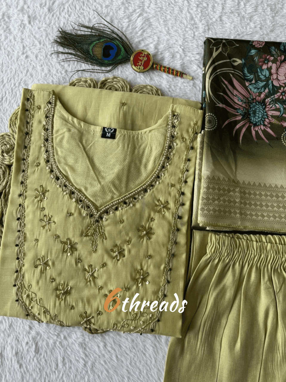 Designer Cardamom Green Mul Chanderi Kurti Set with Roman Silk Pants & Jacquard Dupatta