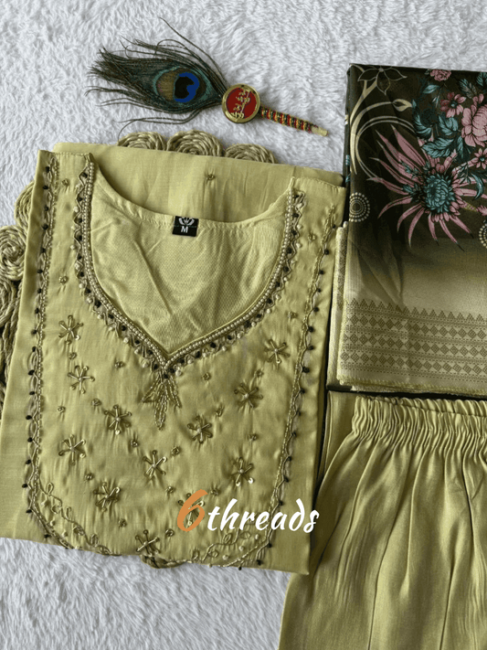 Designer Cardamom Green Mul Chanderi Kurti Set with Roman Silk Pants & Jacquard Dupatta