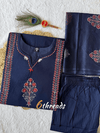 Pure Cotton Navy Blue A-Line Kurti Pant Set with Mirror Work & Block Print Dupatta