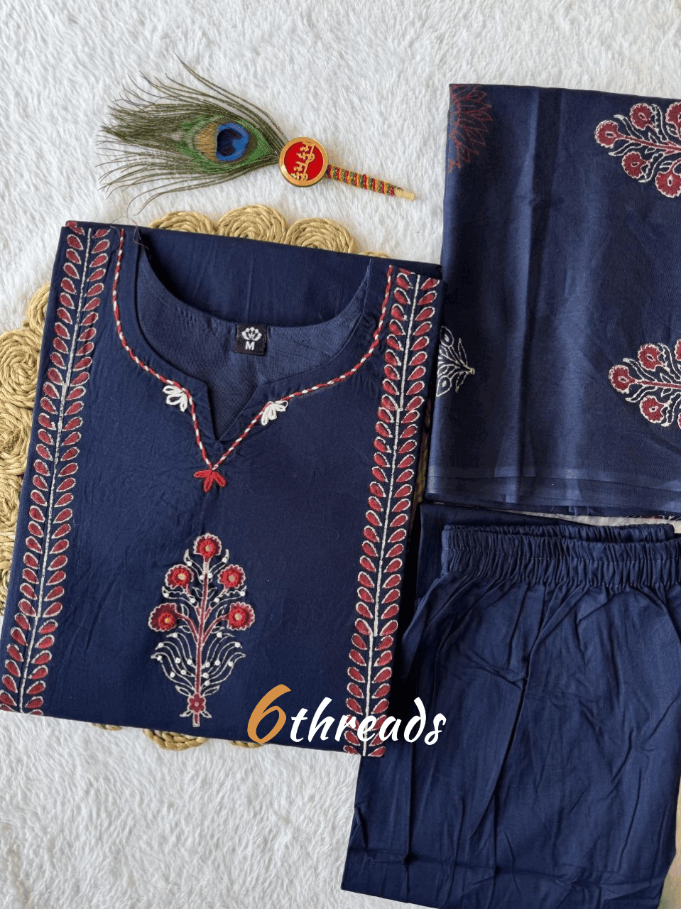 Pure Cotton Navy Blue A-Line Kurti Pant Set with Mirror Work & Block Print Dupatta
