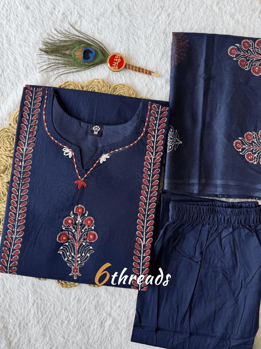 Pure Cotton Navy Blue A-Line Kurti Pant Set with Mirror Work & Block Print Dupatta