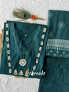 Pure Cotton Peacock Blue A-Line Kurti Pant Set with Mirror Work & Block Print Dupatta