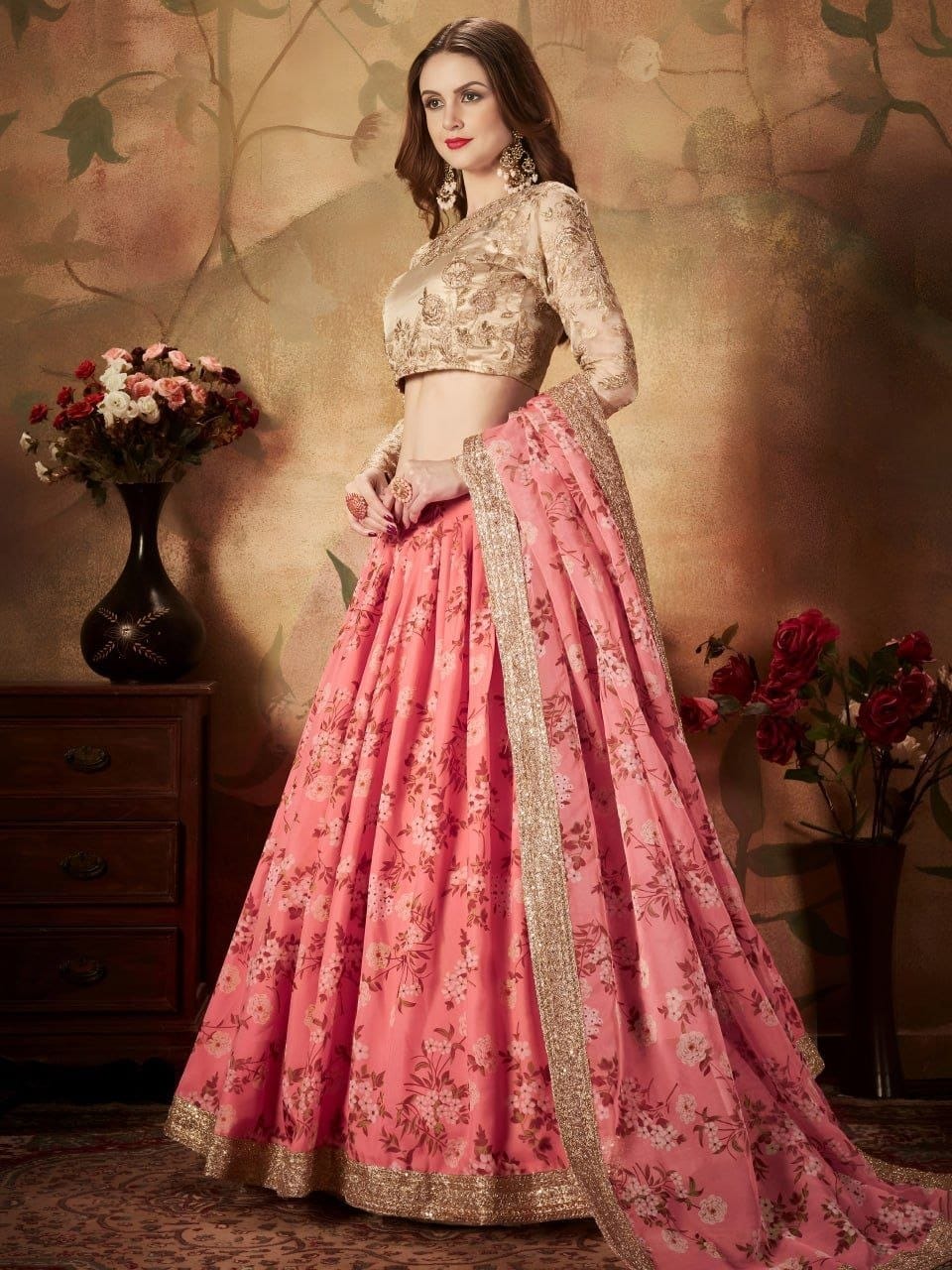 Ivory Floral Lehenga Choli with Golden Embroidered Blouse