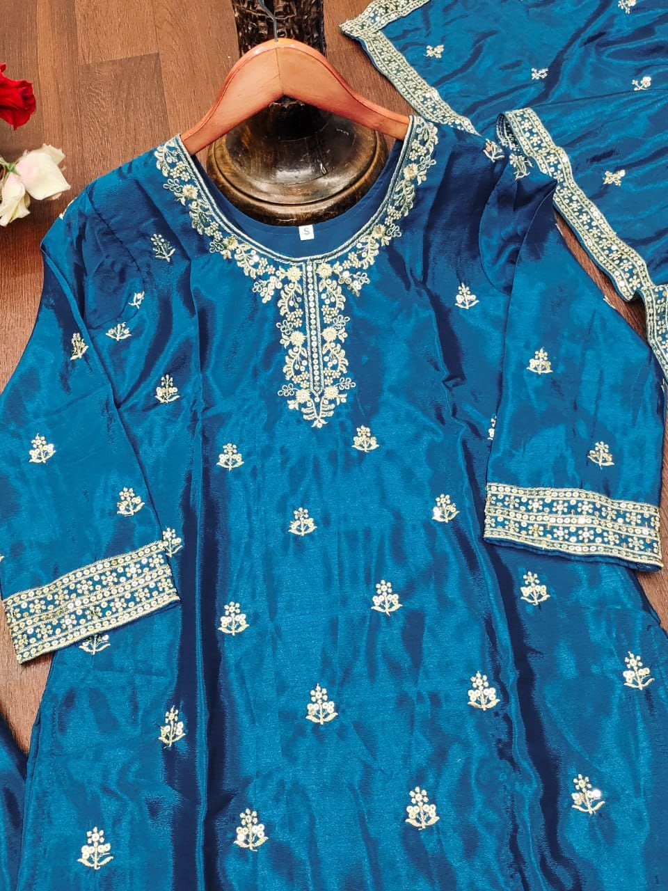 Premium Chinon Sequence Embroidered Sharara Suit Set | 4 Elegant Colors (Sizes S-XXL)