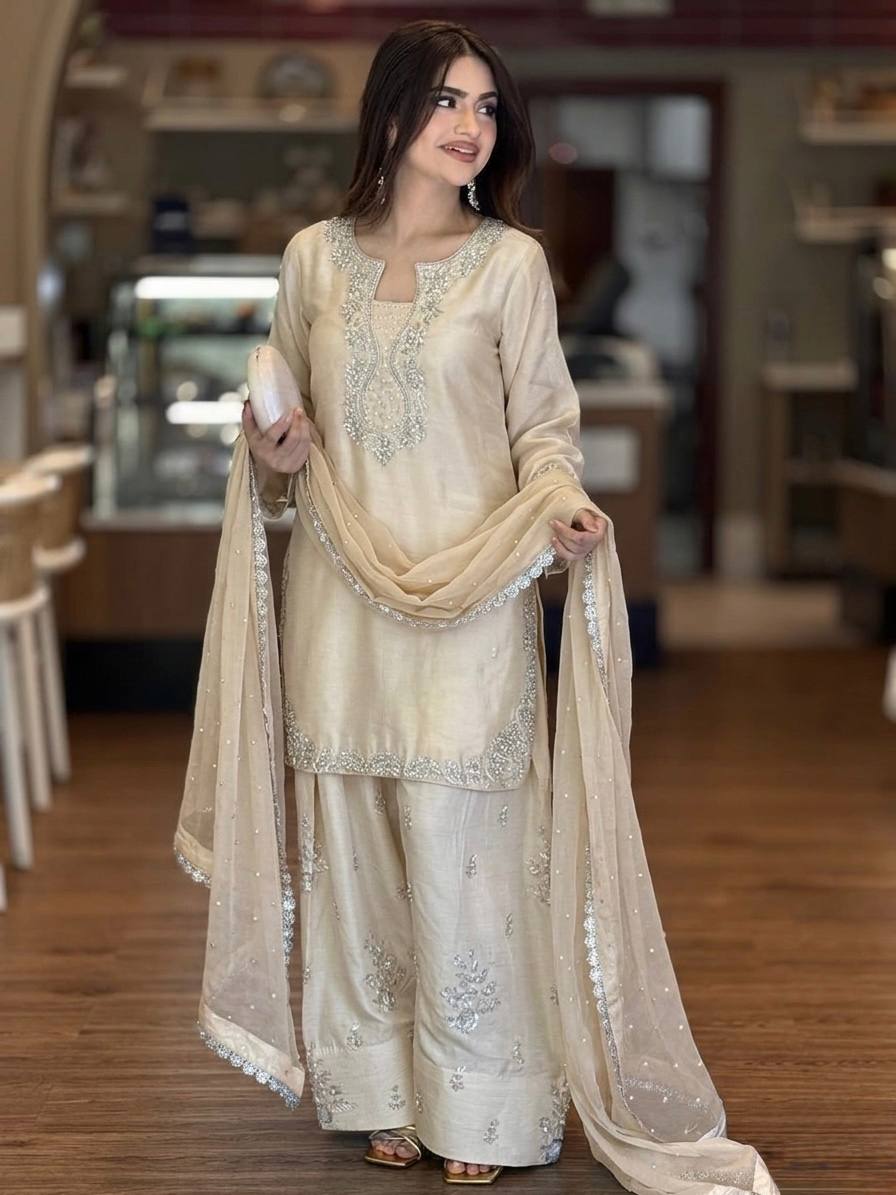 Party Wear Glass Satin Top, Farshi Palazzo & Dupatta Set