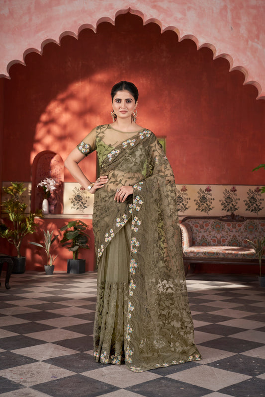 Traditional Wedding & Function Net Saree with Ornate Scalloped Edges