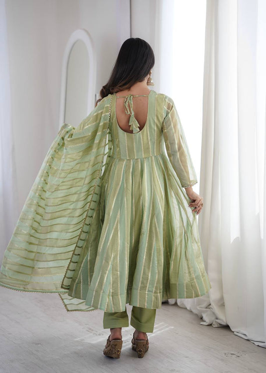 Designer Striped Chanderi Silk Long Flared Anarkali Gown with Pant and Matching Dupatta Set