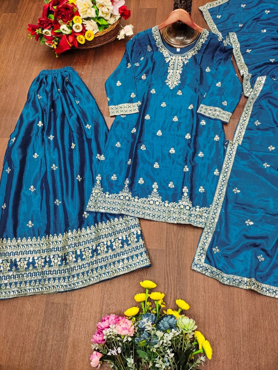 Premium Chinon Sequence Embroidered Sharara Suit Set | 4 Elegant Colors (Sizes S-XXL)