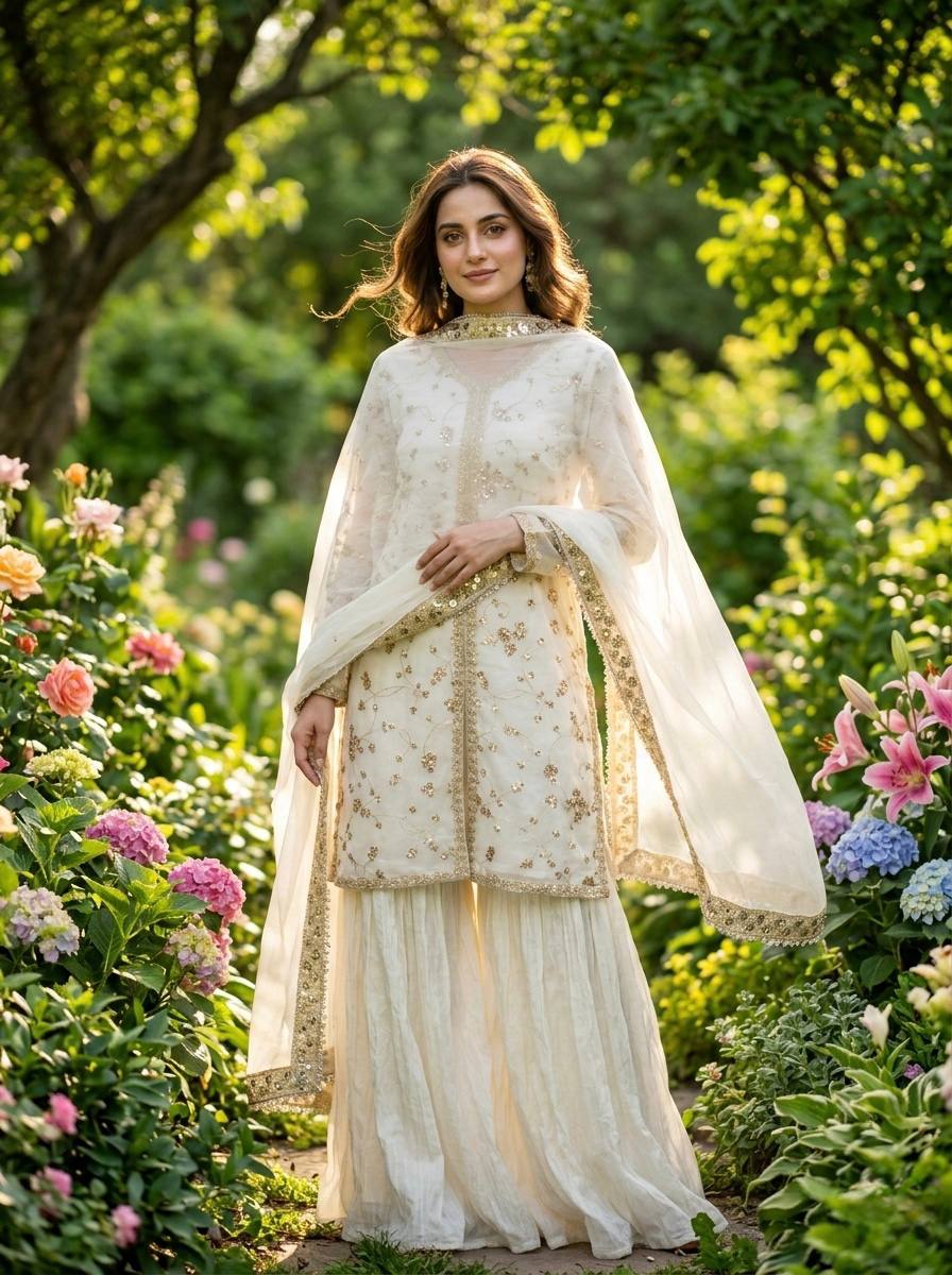 Designer Party Wear Fendi Silk Top, Plazzo & Dupatta Set