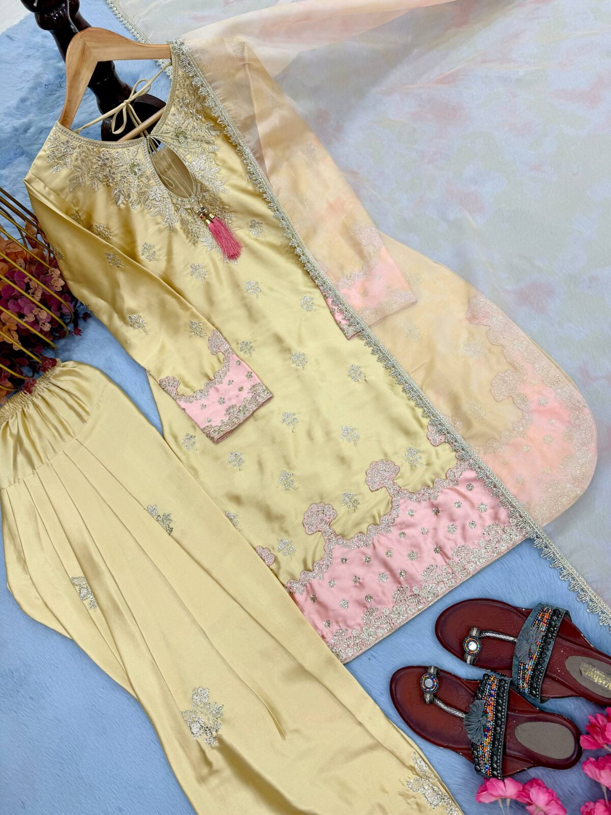 Designer Party Wear Japan Satin Top, Farshi Palazzo & Dupatta Set