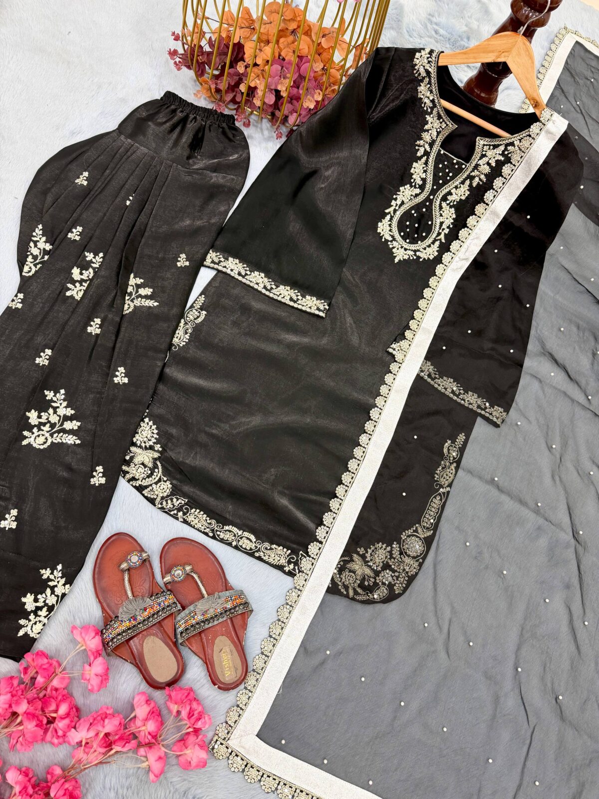 Party Wear Glass Satin Top, Farshi Palazzo & Dupatta Set