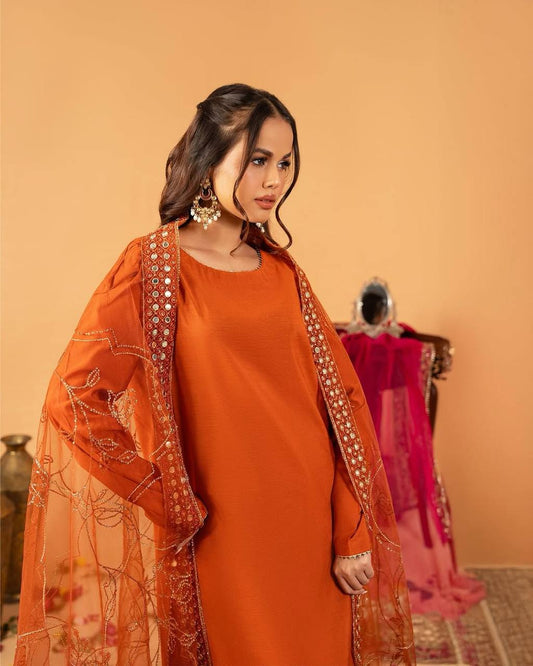 Designer Puff Sleeve Kurti with Matching Pant and Heavy Embroidered Net Dupatta Set